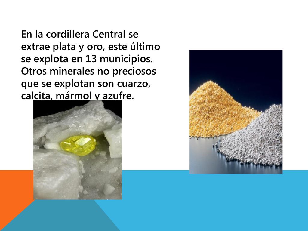 En la cordillera Central se extrae plata y oro, este último se explota en 13 municipios.