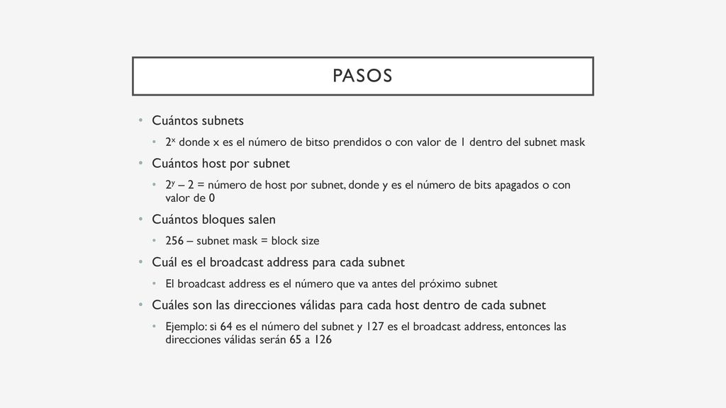 pasos Cuántos subnets Cuántos host por subnet Cuántos bloques salen