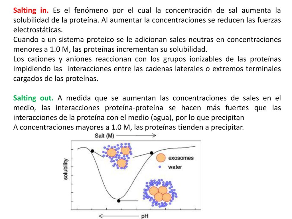 Salting in. Es el fenómeno por el cual la concentración de sal aumenta la solubilidad de la proteína. Al aumentar la concentraciones se reducen las fuerzas electrostáticas.