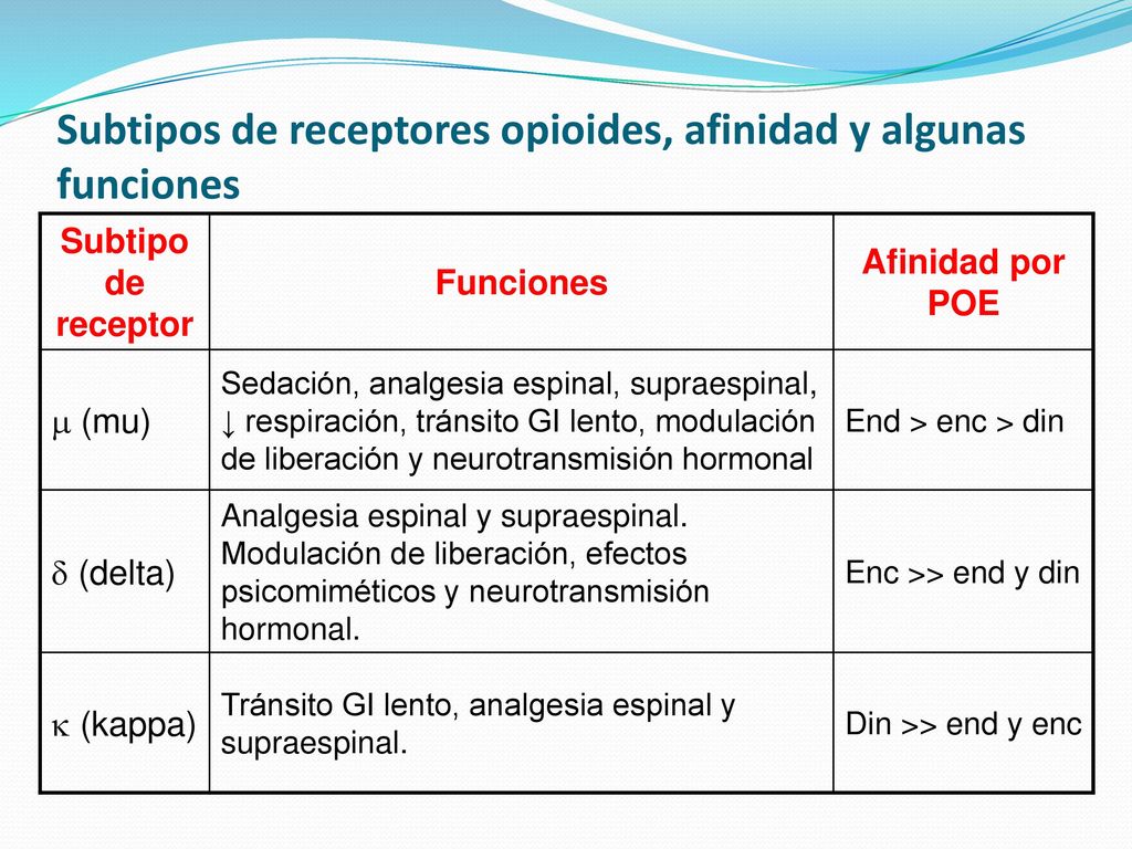 Subtipos de receptores opioides, afinidad y algunas funciones