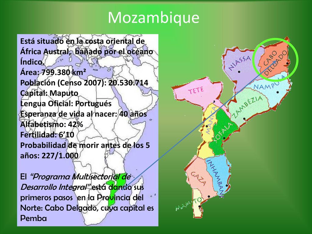 Mozambique Está situado en la costa oriental de África Austral, bañado por el océano Índico.