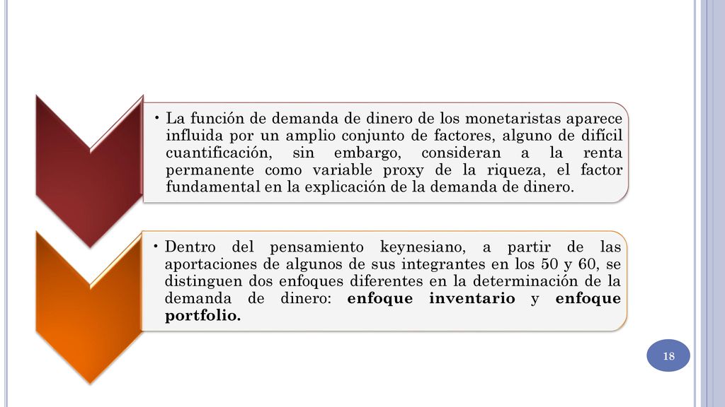 La función de demanda de dinero de los monetaristas aparece influida por un amplio conjunto de factores, alguno de difícil cuantificación, sin embargo, consideran a la renta permanente como variable proxy de la riqueza, el factor fundamental en la explicación de la demanda de dinero.