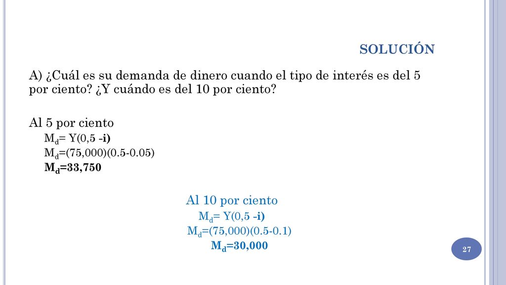solución A) ¿Cuál es su demanda de dinero cuando el tipo de interés es del 5 por ciento ¿Y cuándo es del 10 por ciento