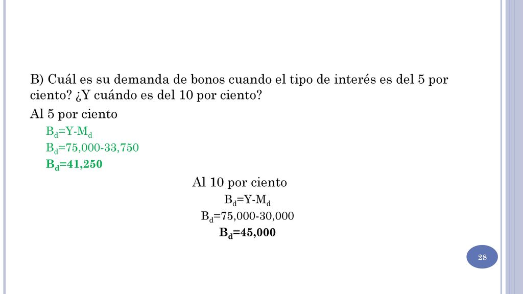 B) Cuál es su demanda de bonos cuando el tipo de interés es del 5 por ciento ¿Y cuándo es del 10 por ciento