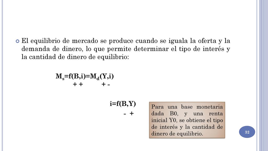 El equilibrio de mercado se produce cuando se iguala la oferta y la demanda de dinero, lo que permite determinar el tipo de interés y la cantidad de dinero de equilibrio: