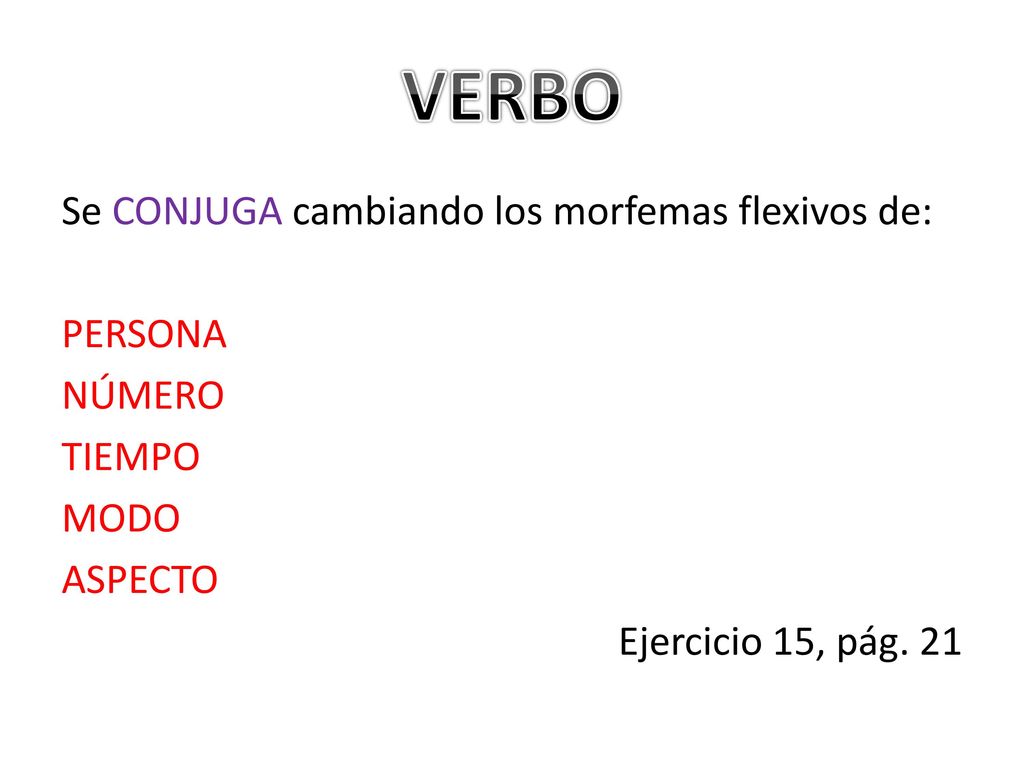 VERBO Se CONJUGA cambiando los morfemas flexivos de: PERSONA NÚMERO TIEMPO MODO ASPECTO Ejercicio 15, pág.