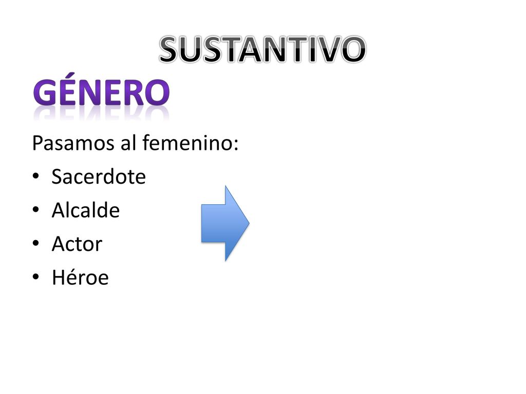 SUSTANTIVO GÉNERO Pasamos al femenino: Sacerdote Alcalde Actor Héroe