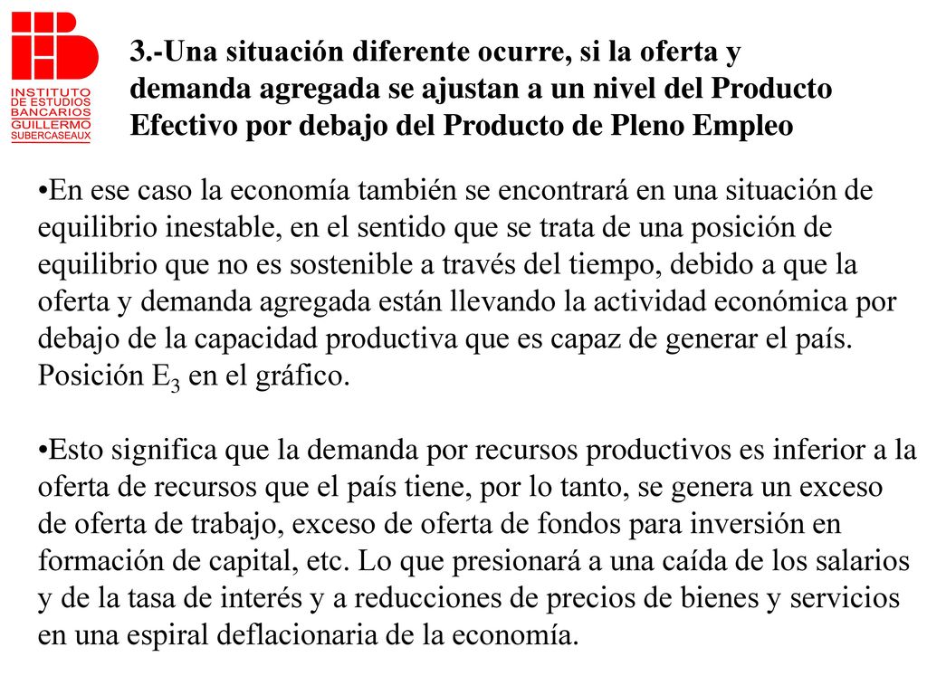 3.-Una situación diferente ocurre, si la oferta y demanda agregada se ajustan a un nivel del Producto Efectivo por debajo del Producto de Pleno Empleo