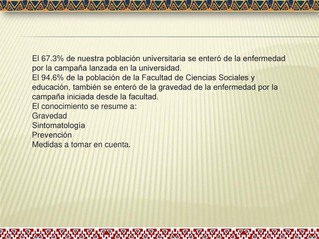 El 67.3% de nuestra población universitaria se enteró de la enfermedad por la campaña lanzada en la universidad.