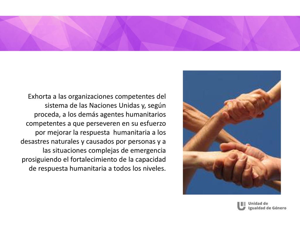 Exhorta a las organizaciones competentes del sistema de las Naciones Unidas y, según proceda, a los demás agentes humanitarios competentes a que perseveren en su esfuerzo por mejorar la respuesta humanitaria a los desastres naturales y causados por personas y a las situaciones complejas de emergencia prosiguiendo el fortalecimiento de la capacidad de respuesta humanitaria a todos los niveles.