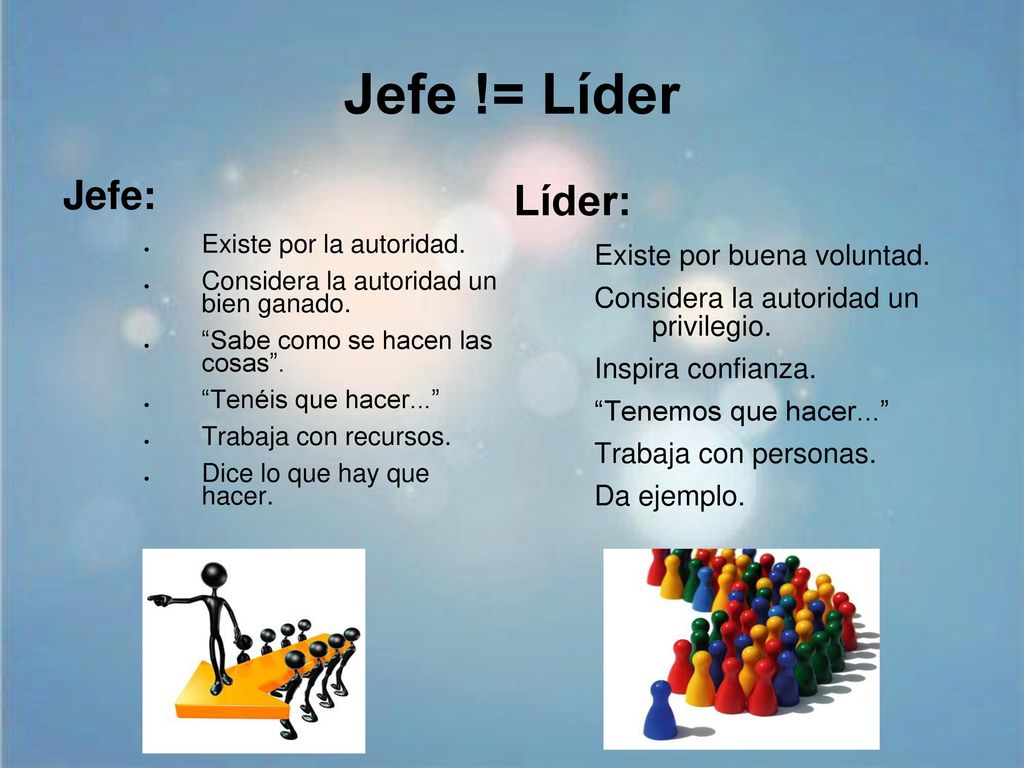 Jefe != Líder Líder: Jefe: Existe por buena voluntad.