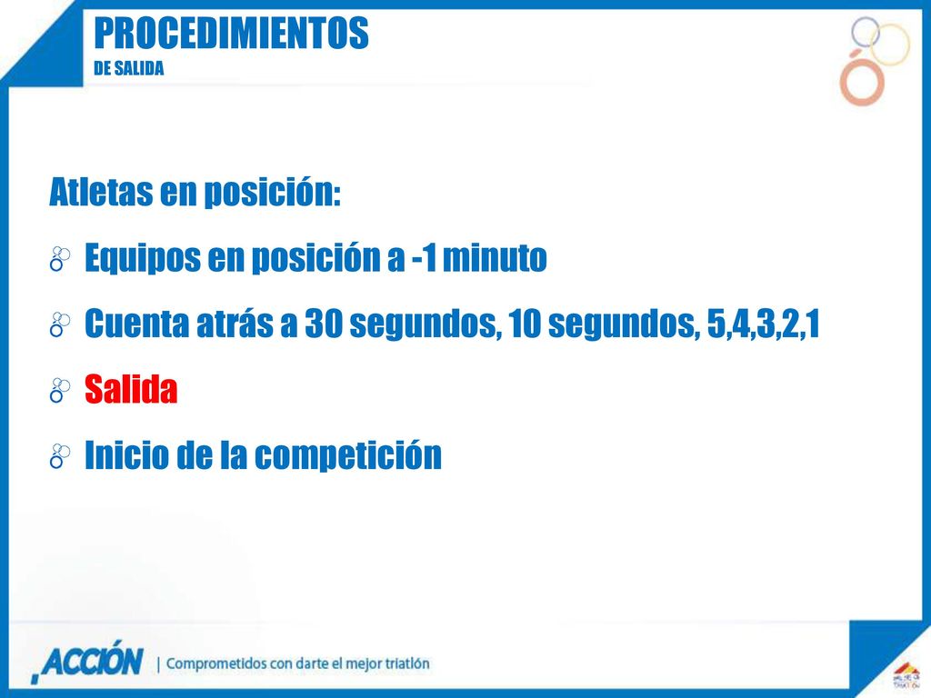 procedimientos Atletas en posición: Equipos en posición a -1 minuto