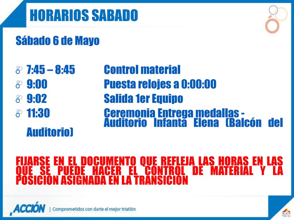 HORARIOS SABADO Sábado 6 de Mayo 7:45 – 8:45 Control material