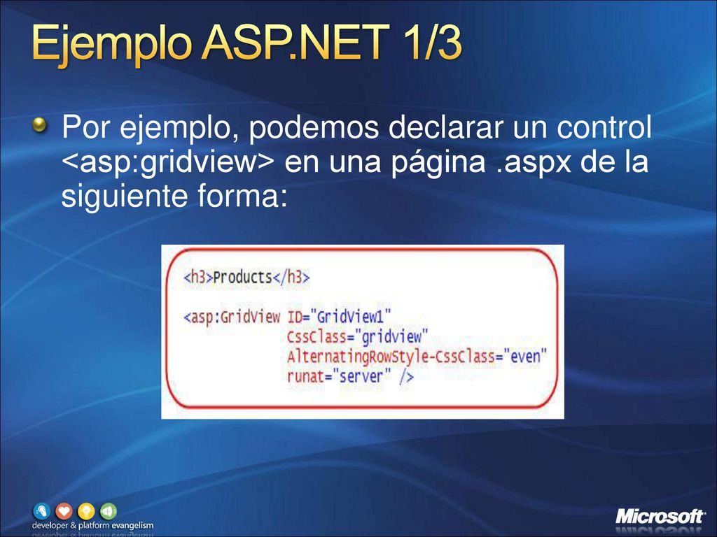 Ejemplo ASP.NET 1/3 Por ejemplo, podemos declarar un control <asp:gridview> en una página .aspx de la siguiente forma:
