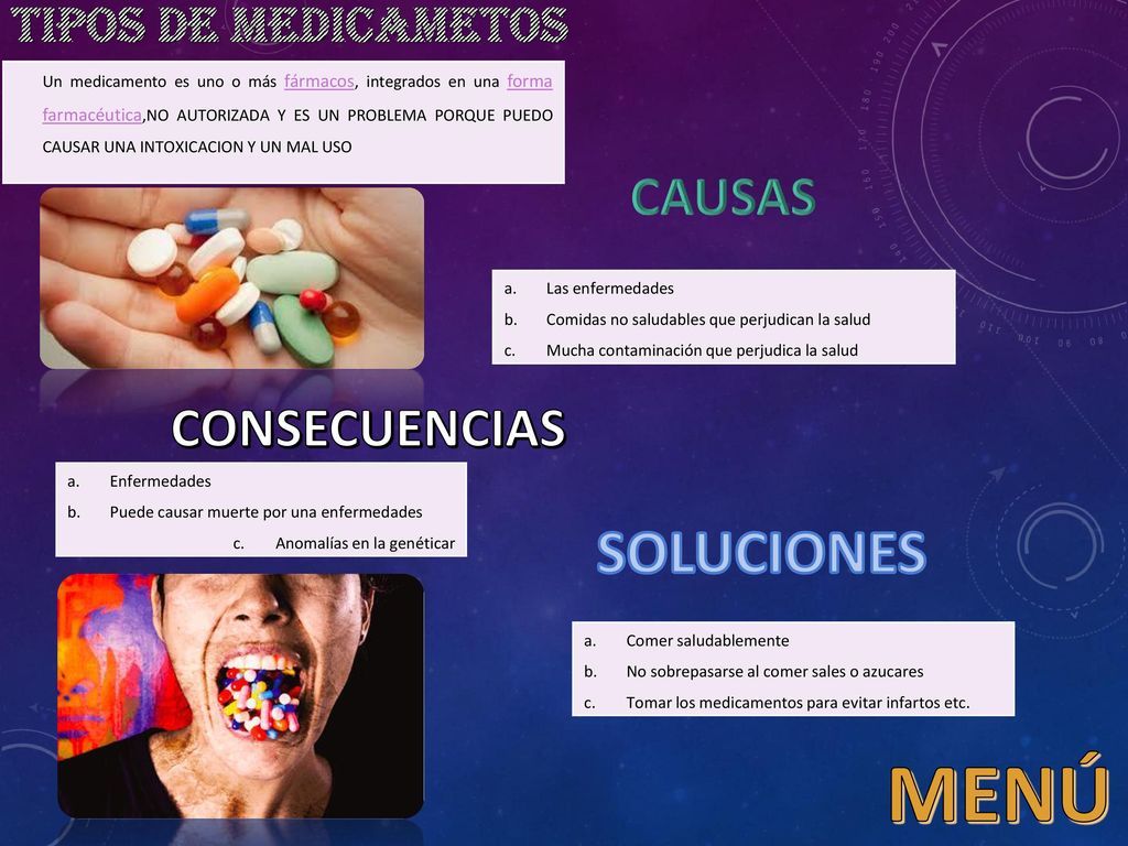 MENÚ SOLUCIONES CAUSAS CONSECUENCIAS TIPOS DE MEDICAMETOS