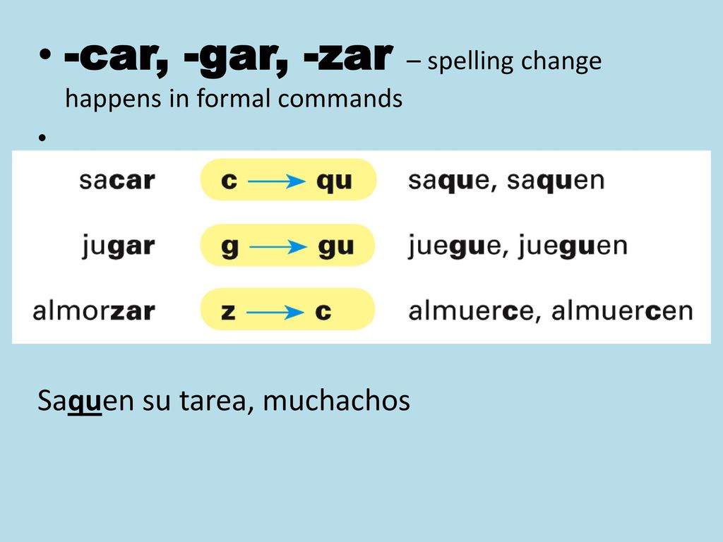 -car, -gar, -zar – spelling change happens in formal commands