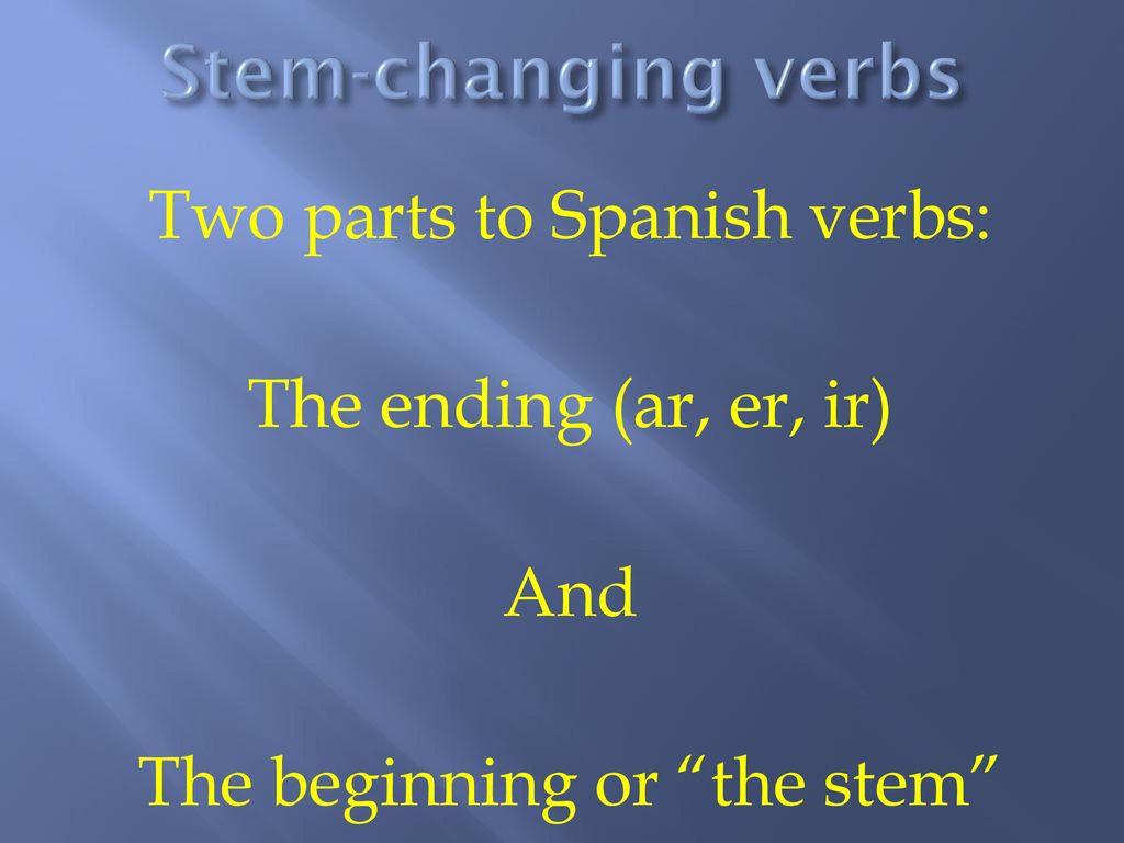Stem-changing verbs Two parts to Spanish verbs: The ending (ar, er, ir) And The beginning or the stem