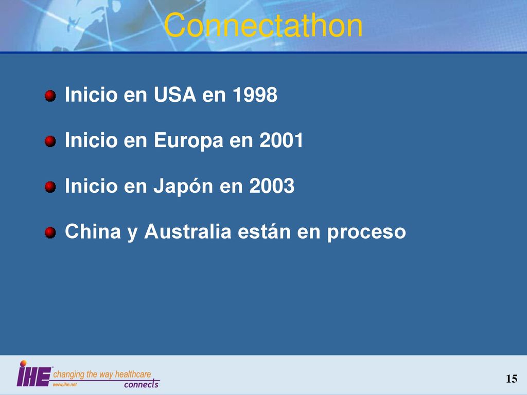 Connectathon Inicio en USA en 1998 Inicio en Europa en 2001