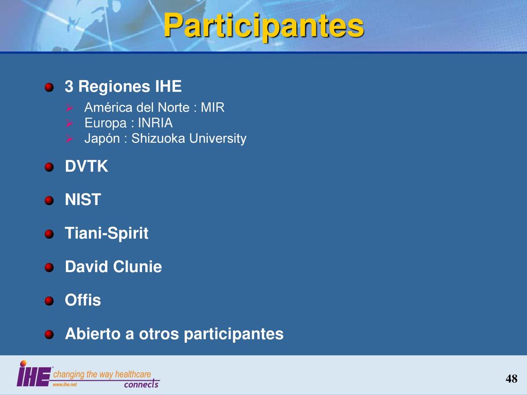 Participantes 3 Regiones IHE DVTK NIST Tiani-Spirit David Clunie Offis