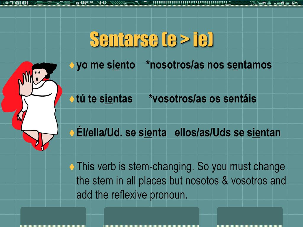 Sentarse (e > ie) yo me siento *nosotros/as nos sentamos