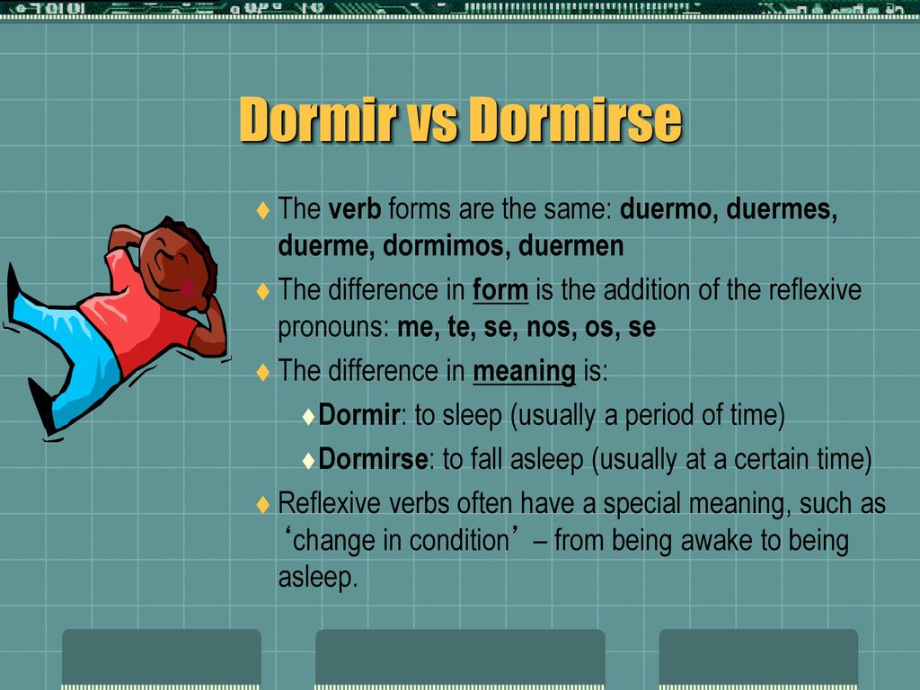 Dormir vs Dormirse The verb forms are the same: duermo, duermes, duerme, dormimos, duermen.