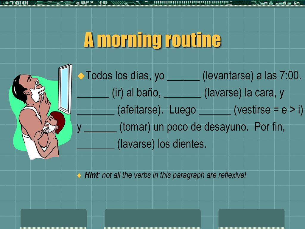A morning routine Todos los días, yo ______ (levantarse) a las 7:00.