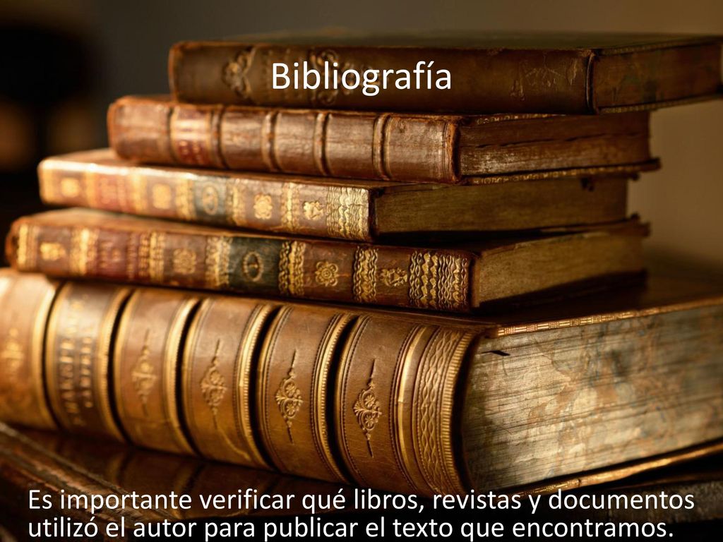 Bibliografía Es importante verificar qué libros, revistas y documentos utilizó el autor para publicar el texto que encontramos.