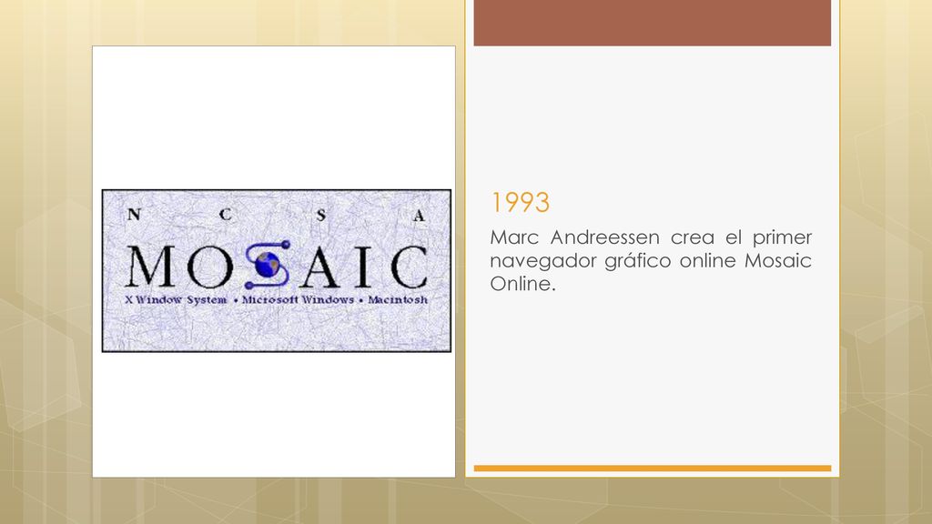 1993 Marc Andreessen crea el primer navegador gráfico online Mosaic Online.