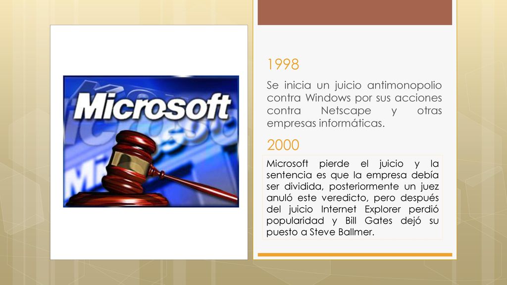 1998 Se inicia un juicio antimonopolio contra Windows por sus acciones contra Netscape y otras empresas informáticas.