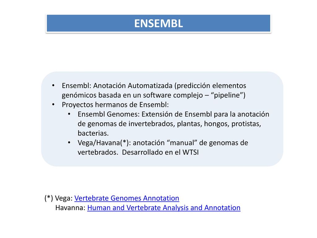 ENSEMBL Ensembl: Anotación Automatizada (predicción elementos genómicos basada en un software complejo – pipeline )