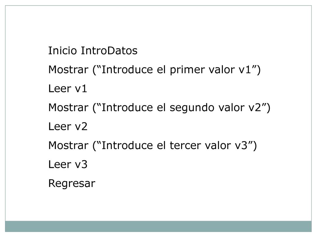 Inicio IntroDatos Mostrar ( Introduce el primer valor v1 ) Leer v1. Mostrar ( Introduce el segundo valor v2 )