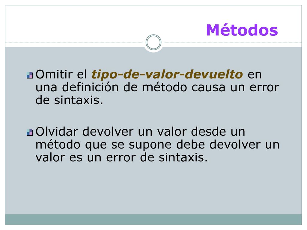 Métodos Omitir el tipo-de-valor-devuelto en una definición de método causa un error de sintaxis.