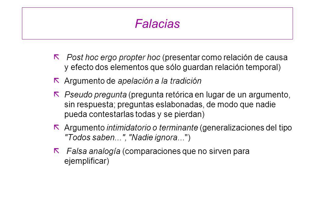 Falacias Post hoc ergo propter hoc (presentar como relación de causa y efecto dos elementos que sólo guardan relación temporal)