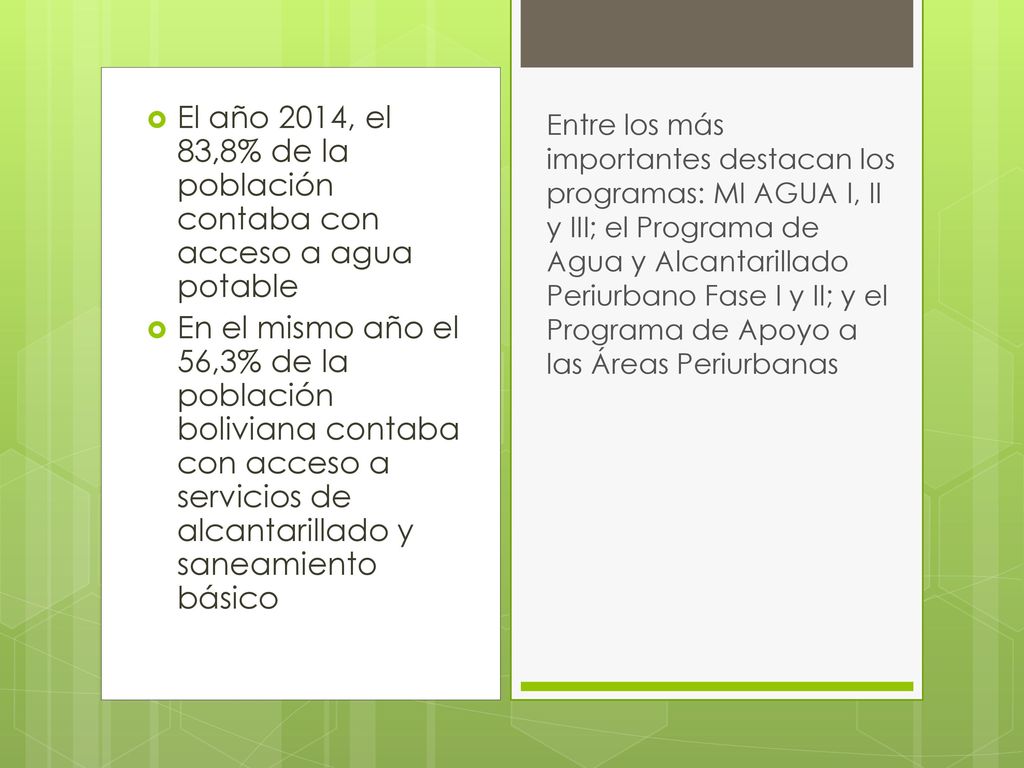El año 2014, el 83,8% de la población contaba con acceso a agua potable