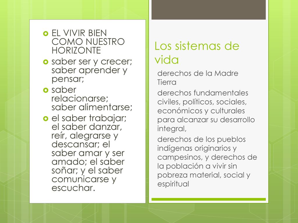 Los sistemas de vida EL VIVIR BIEN COMO NUESTRO HORIZONTE