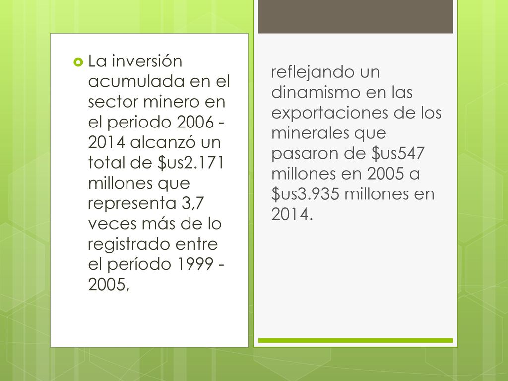 La inversión acumulada en el sector minero en el periodo alcanzó un total de $us2.171 millones que representa 3,7 veces más de lo registrado entre el período ,