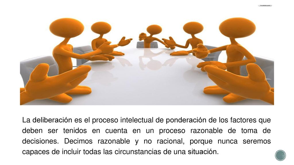 La deliberación es el proceso intelectual de ponderación de los factores que deben ser tenidos en cuenta en un proceso razonable de toma de decisiones.