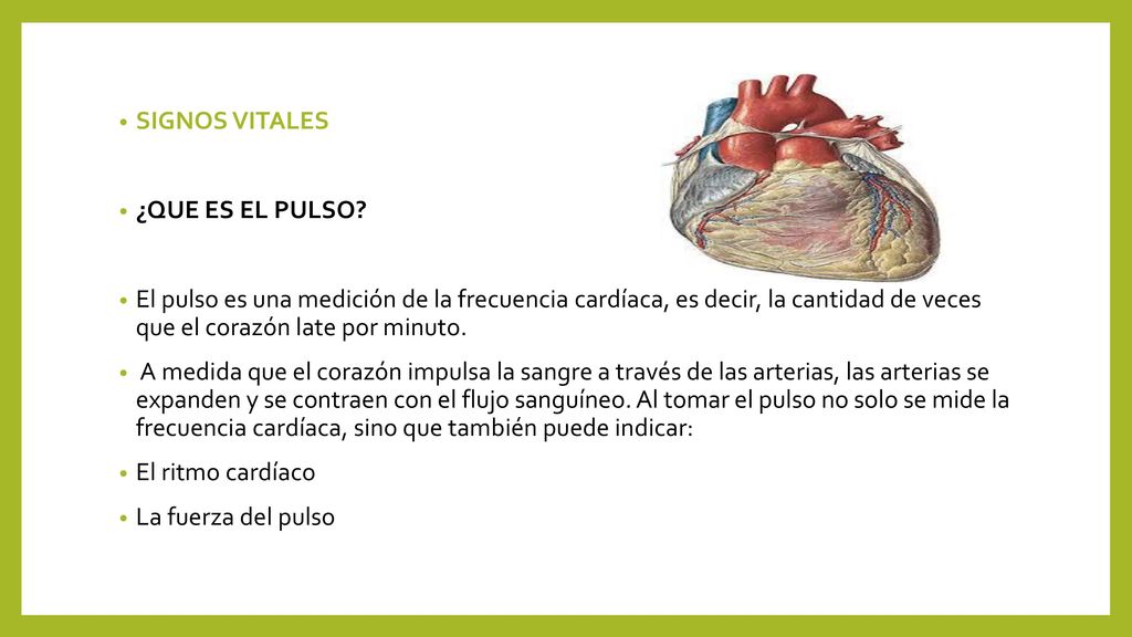 SIGNOS VITALES ¿QUE ES EL PULSO El pulso es una medición de la frecuencia cardíaca, es decir, la cantidad de veces que el corazón late por minuto.