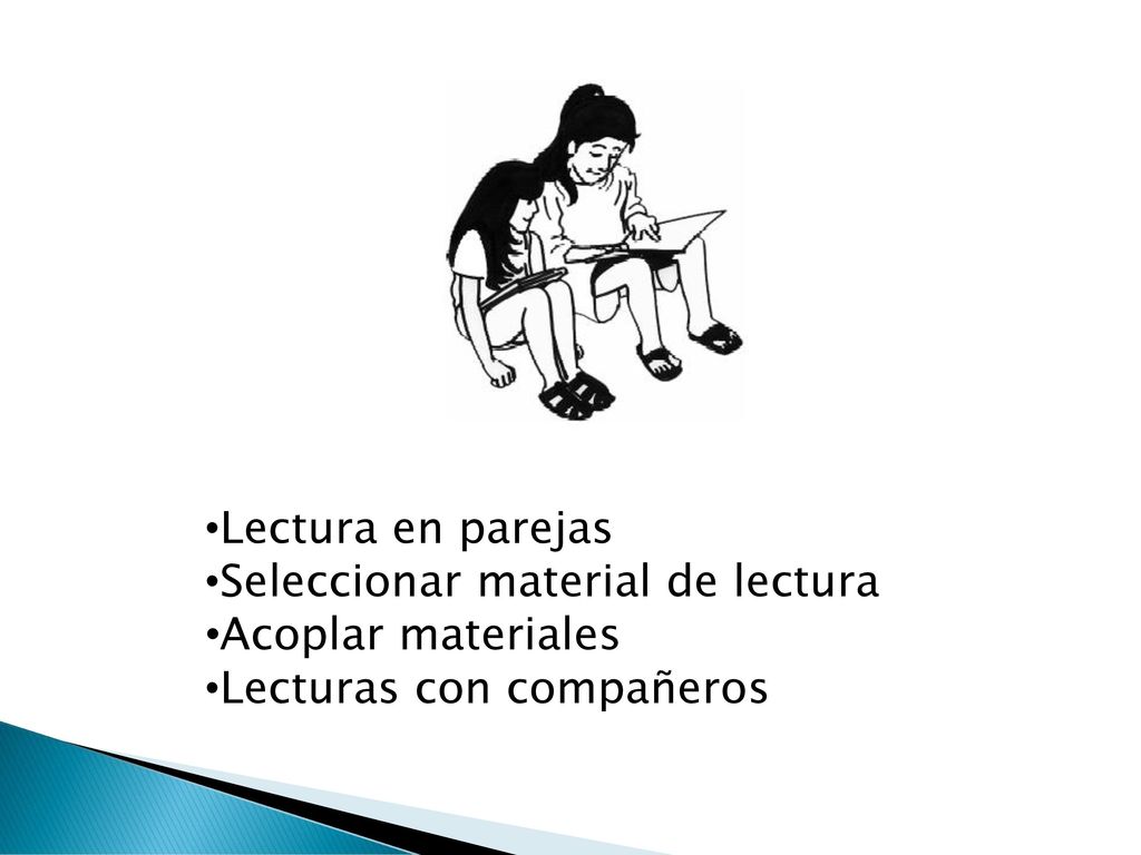 Lectura en parejas Seleccionar material de lectura Acoplar materiales Lecturas con compañeros