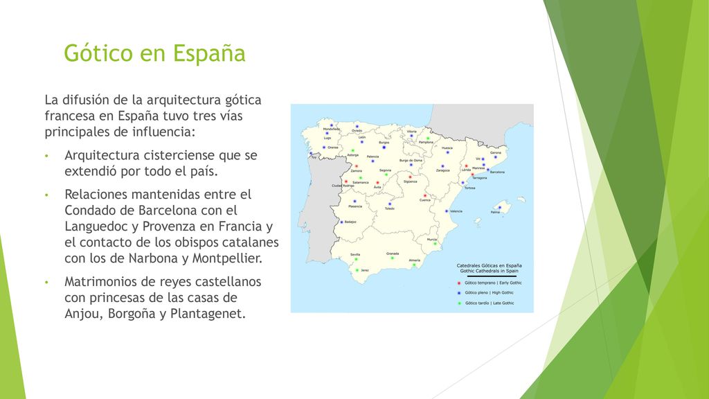 Gótico en España La difusión de la arquitectura gótica francesa en España tuvo tres vías principales de influencia: