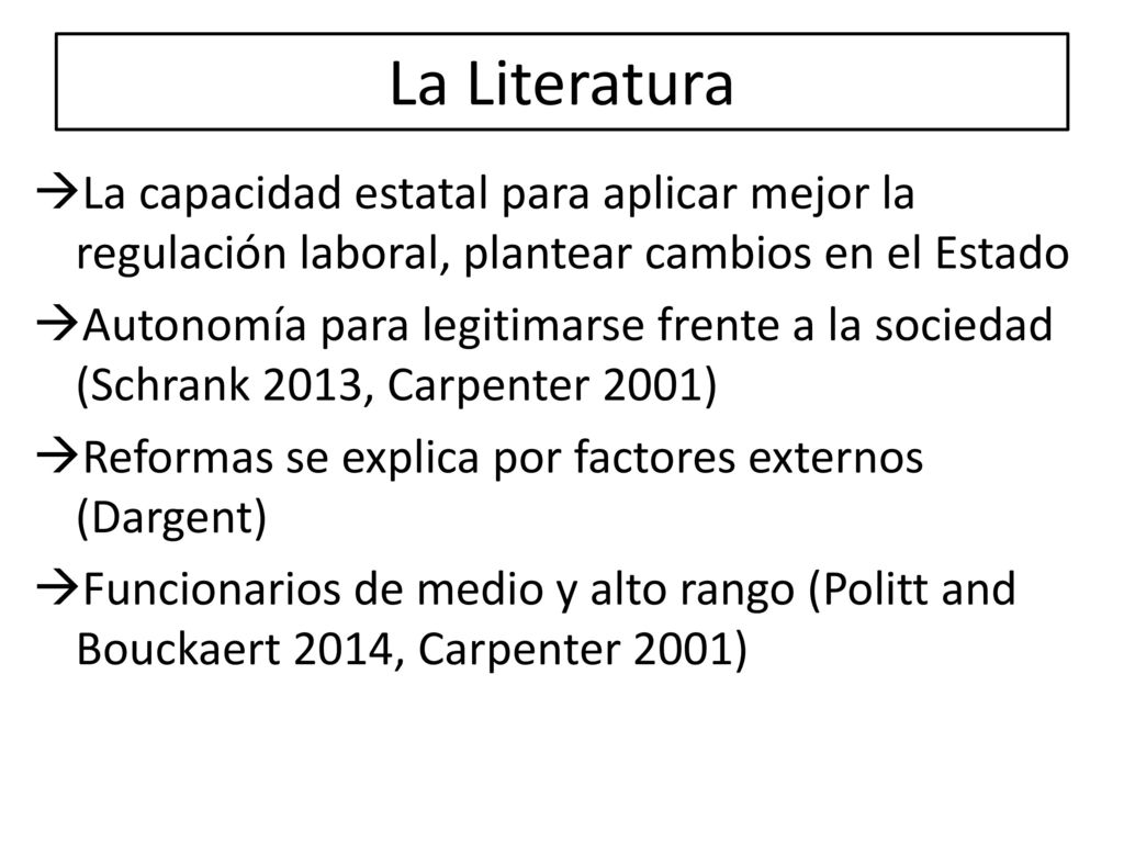 La Literatura La capacidad estatal para aplicar mejor la regulación laboral, plantear cambios en el Estado.
