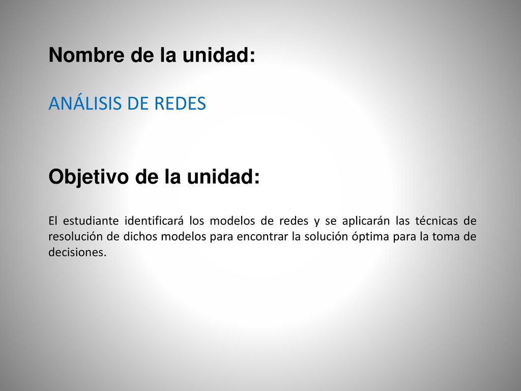 Nombre de la unidad: ANÁLISIS DE REDES Objetivo de la unidad: