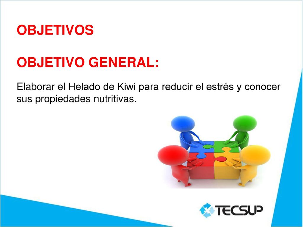 OBJETIVOS OBJETIVO GENERAL: Elaborar el Helado de Kiwi para reducir el estrés y conocer sus propiedades nutritivas.