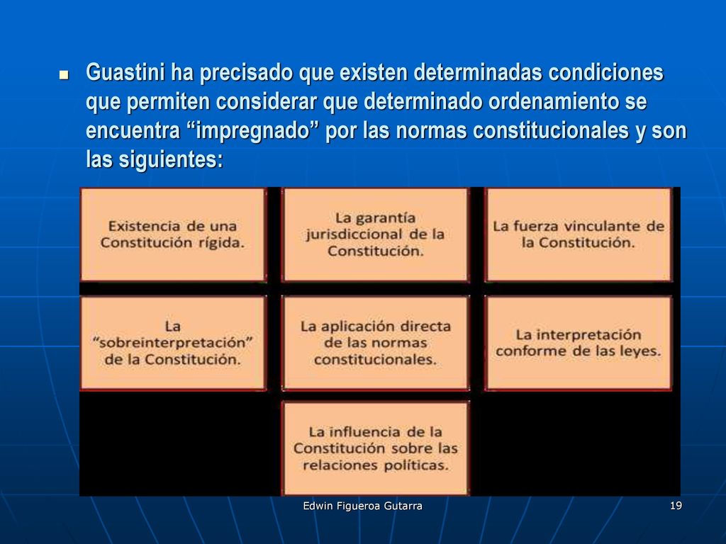 Guastini ha precisado que existen determinadas condiciones que permiten considerar que determinado ordenamiento se encuentra impregnado por las normas constitucionales y son las siguientes: