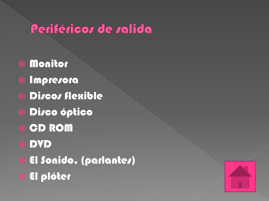 Periféricos de salida Monitor Impresora Discos flexible Disco óptico