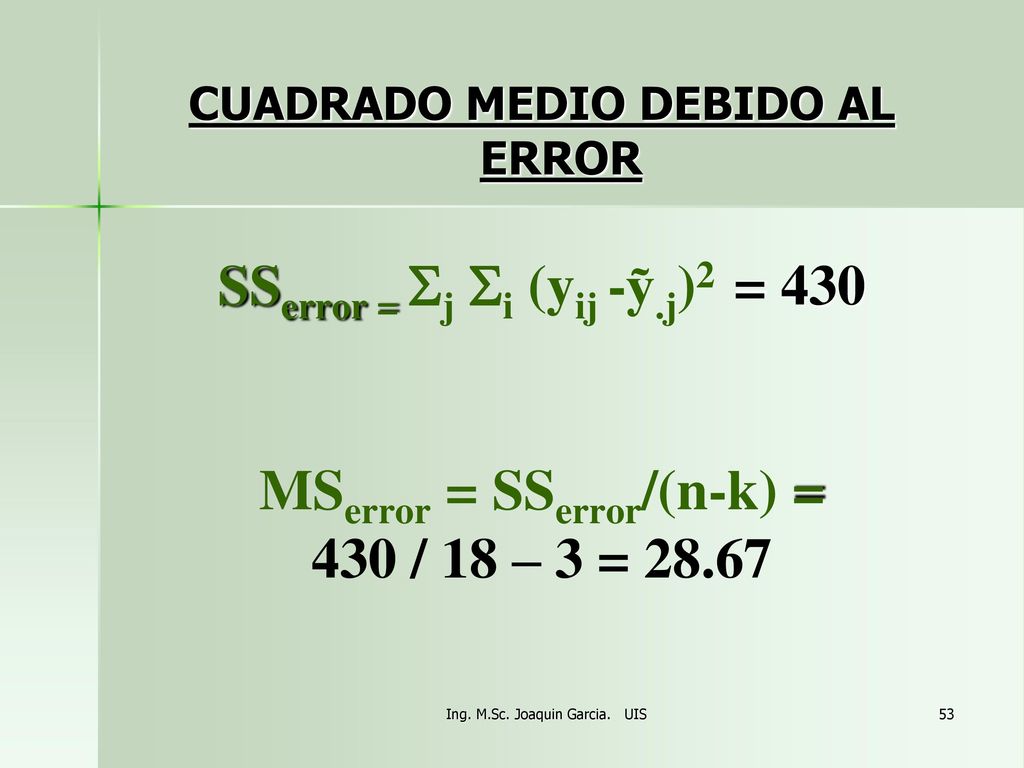 CUADRADO MEDIO DEBIDO AL ERROR SSerror = Sj Si (yij -ỹ.j)2 = 430