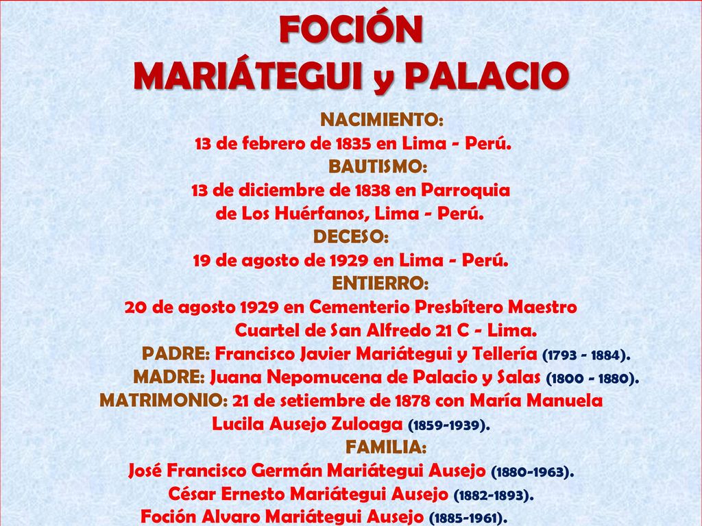 FOCIÓN MARIÁTEGUI y PALACIO 13 de febrero de 1835 en Lima - Perú.