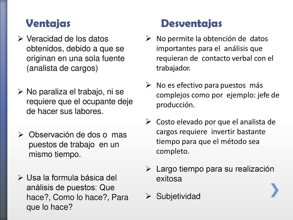 Ventajas Desventajas. Veracidad de los datos obtenidos, debido a que se originan en una sola fuente (analista de cargos)