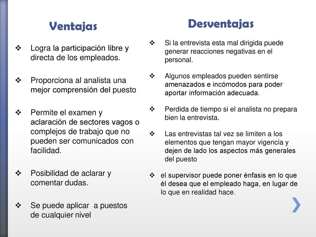 Desventajas Ventajas. Si la entrevista esta mal dirigida puede generar reacciones negativas en el personal.