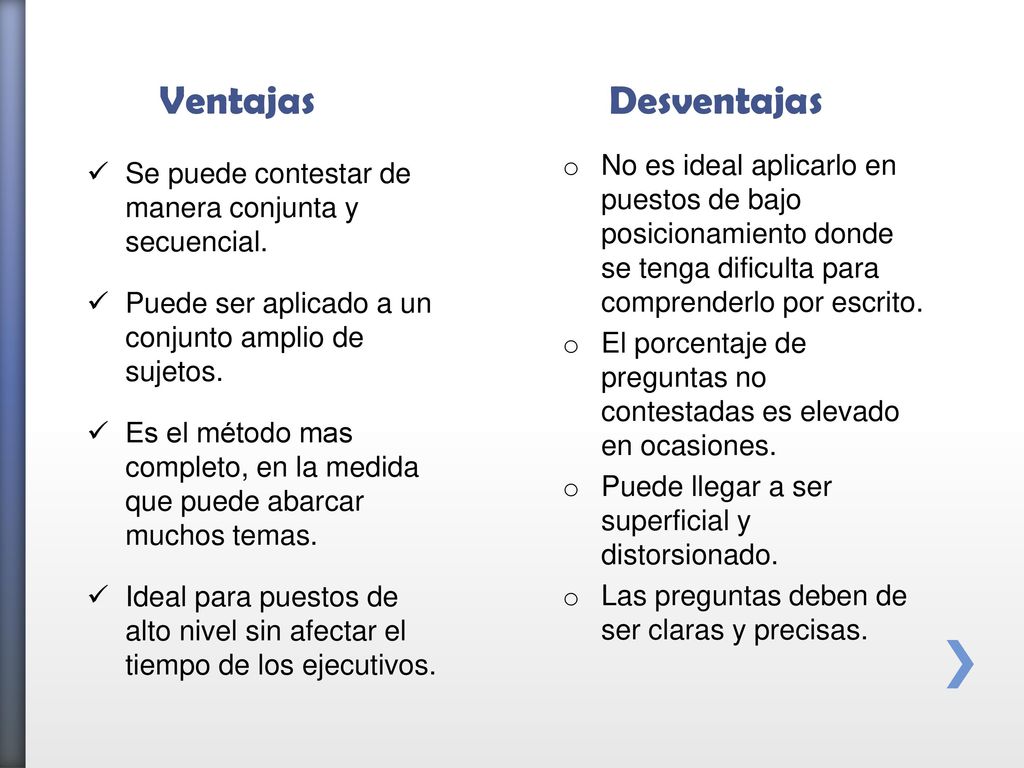Ventajas Desventajas. No es ideal aplicarlo en puestos de bajo posicionamiento donde se tenga dificulta para comprenderlo por escrito.